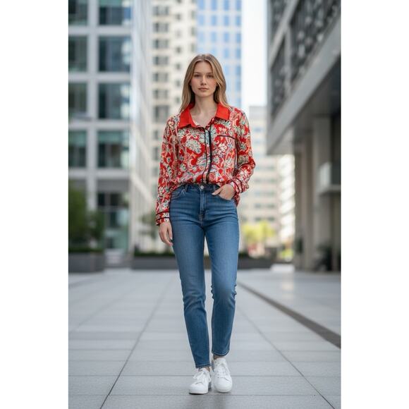 CherryBetty Vintage Floral Print Collared Blouse Red Long Sleeve Medium - Picture 3 of 7